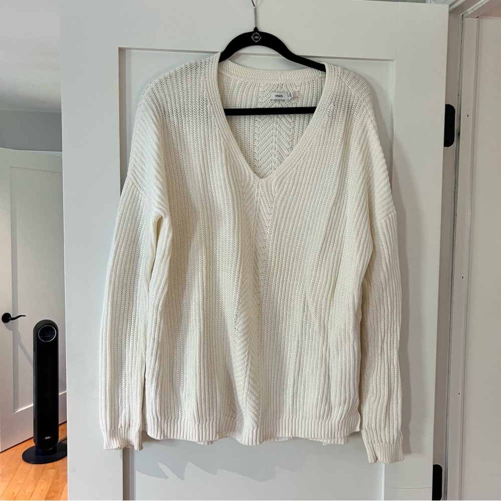 V-Neck Cable Knit Women's Sweater - Cream VINCE BRAND